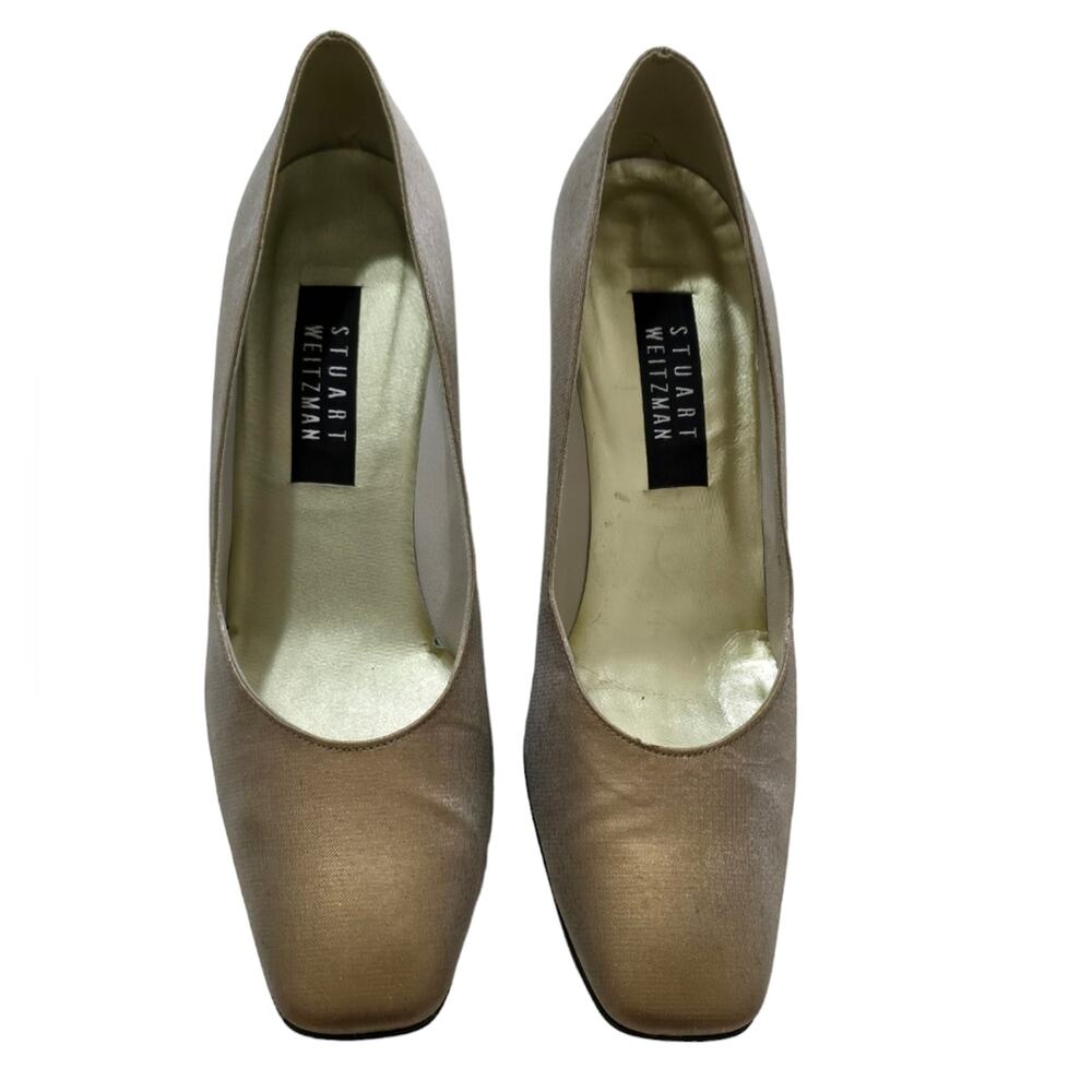 STUART WEITZMAN GOLD LAMÉ METALLIC PUMP Heels SHOES SQUARE TOE 9 M 3.25"‎ HEEL